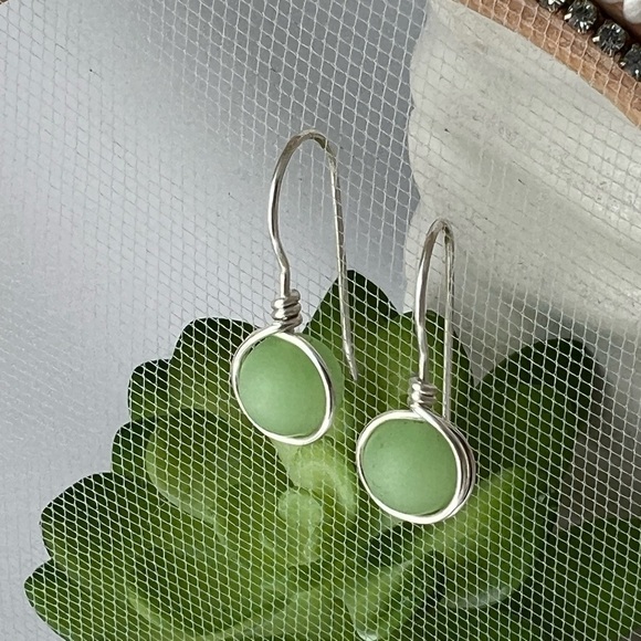 Green Sea Glass Minimalist Wire Wrapped Earrings - Picture 13 of 13